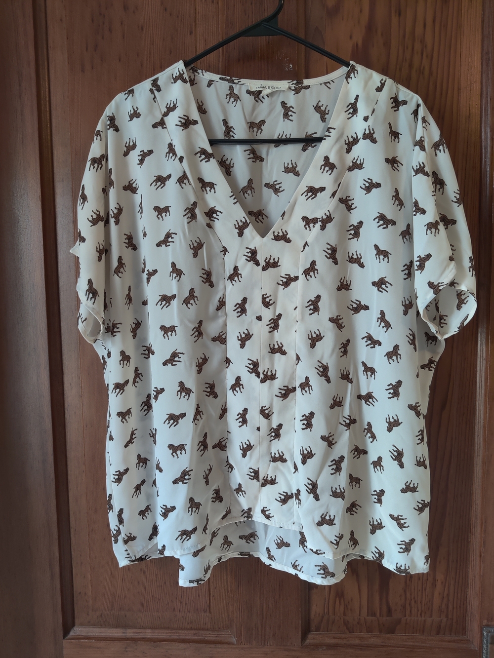 V-Neck Ivory Blouse with Gold Zebra Print